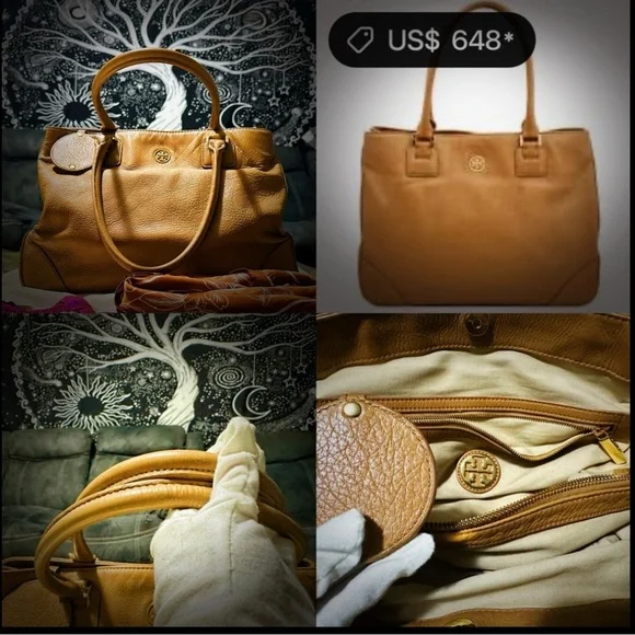 Tory Burch Tan Leather Tote with orange gold cherry keychain Charm - Picture 11 of 17